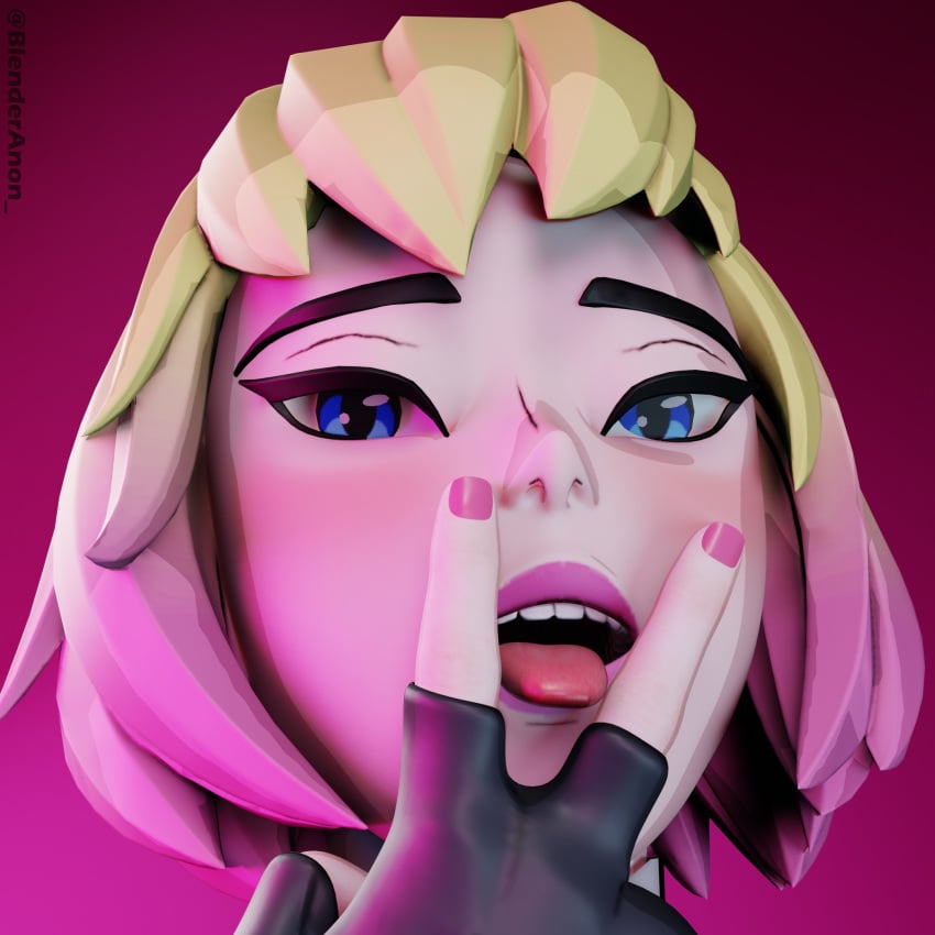 1girls 3d blender blender_(software) blenderanon_ blonde_hair cunnilingus_gesture fortnite fortnite:_battle_royale gwen_poole gwenpool gwenpool_(fortnite) gwenpool_(series) handjob marvel marvel_comics multicolored_hair pink_hair pink_lipstick pink_nails tagme tongue_between_fingers tongue_out