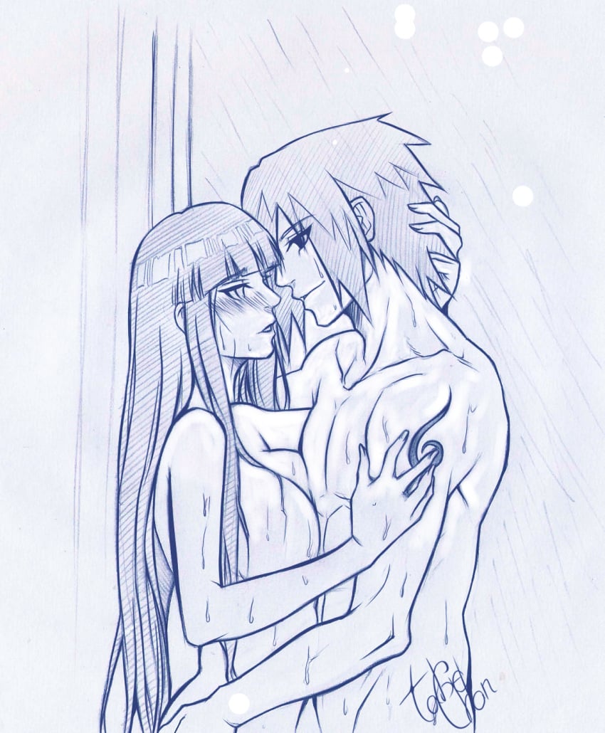 1boy blush female highres human hyuuga_hinata male monochrome naruto nude rain sasuke_uchiha signature straight tabe-chan tattoo wet