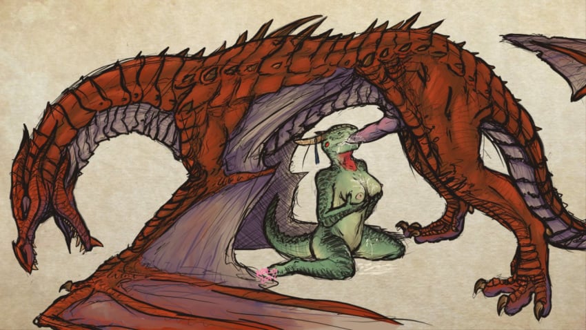 argonian breasts cum cum_on_breasts dragon fellatio female feral kneeling male odahviing oral oral_sex penis scalie skyrim straight submissive the_elder_scrolls video_games