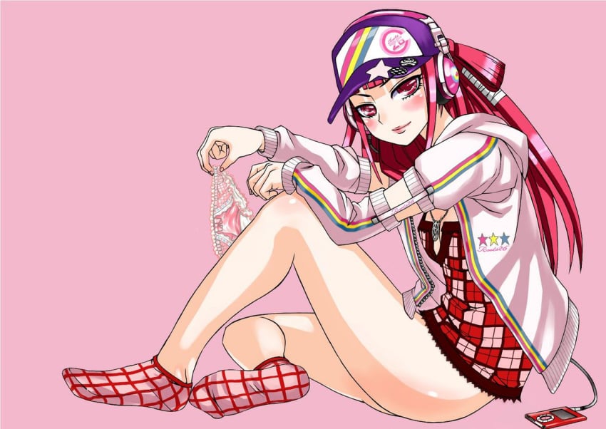 baseball_cap beatmania beatmania_iidx blush feet footwear hat jacket jewelry long_hair necklace panties pointy_chin red_eyes red_hair socks solo umegiri_ameto underwear