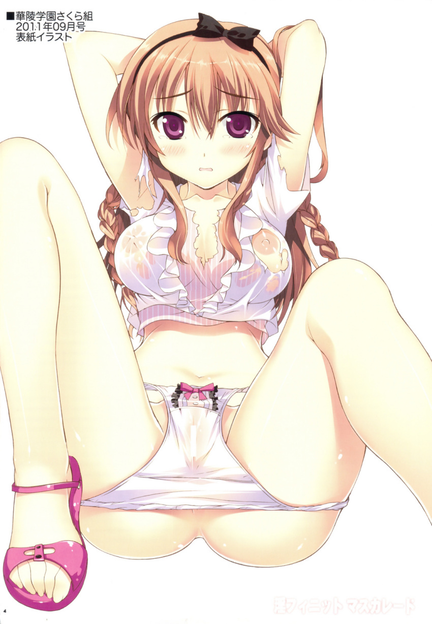 1girls arms_behind_head arms_up ass blush bow bow_panties braid breasts brown_hair censored cleavage collarbone cover cover_page doujin_cover feet female hairbow highres large_breasts long_hair looking_at_viewer midriff navel nipples no_bra no_pants open_mouth original panties panty_pull purple_eyes sandals see-through shiny shiny_skin solo spread_legs torn_clothes twin_braids underwear white_panties yan-yam