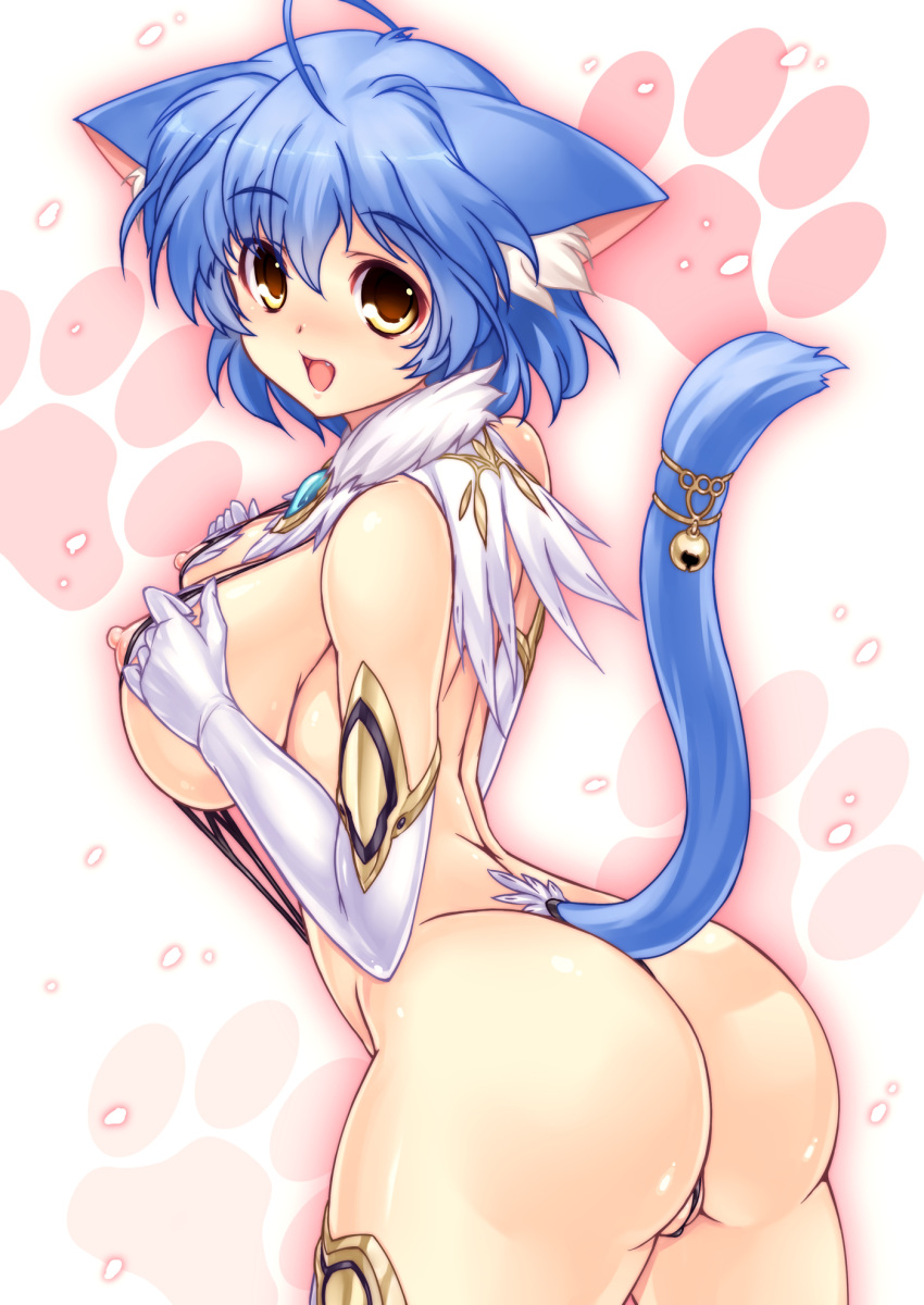 animal_ears arched_back ass bell blue_hair blush breasts cat_ears cat_tail curvy cute_fang elbow_gloves female gloves highres ishida_hiroyuki nippleless_clothes nipples open_mouth original short_hair smile solo tail tail_bell yellow_eyes