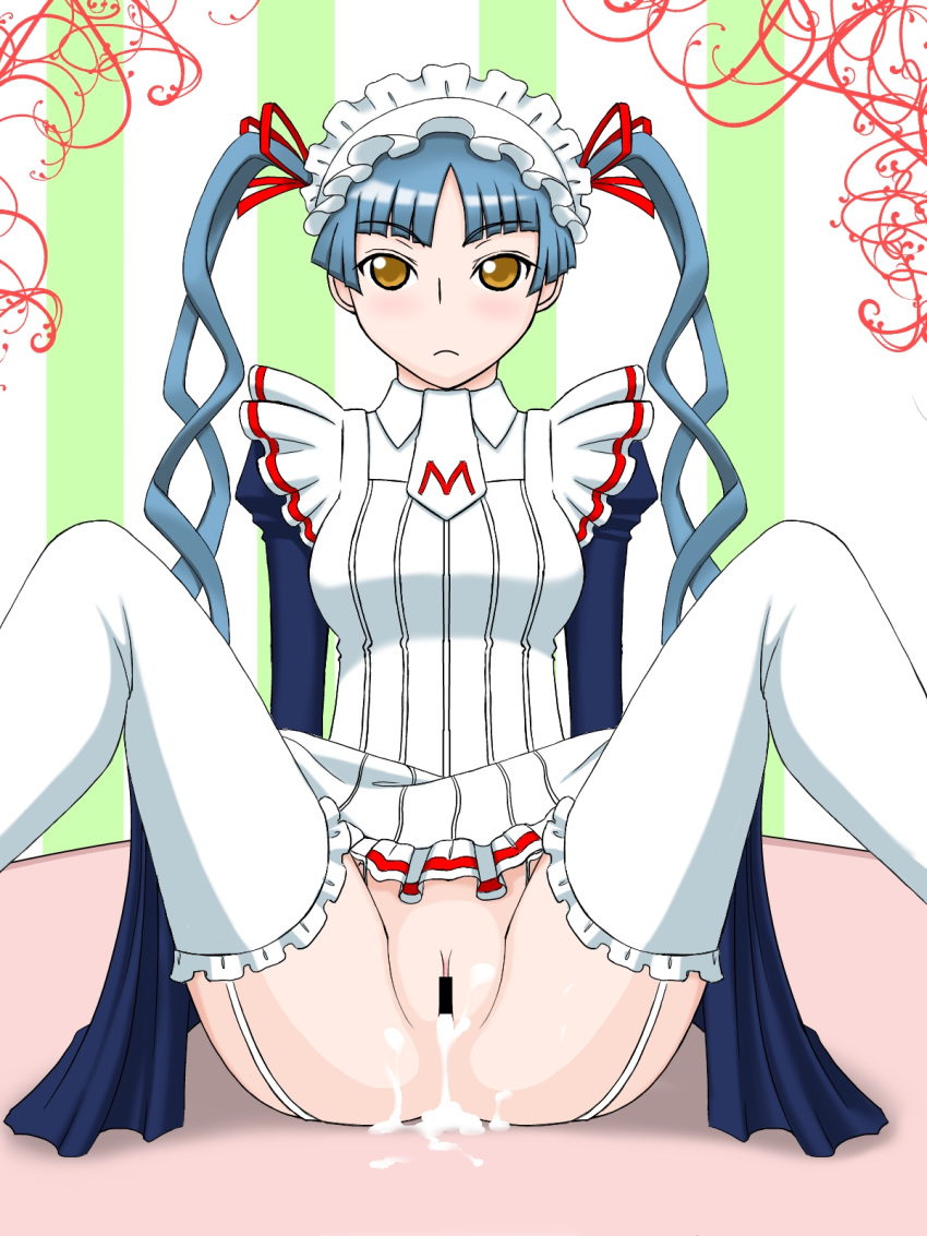 after_sex censored cum cum_inside highres kagibane maid maria_holic no_panties shinouji_matsurika solo spread_legs thighhighs tied_hair twintails