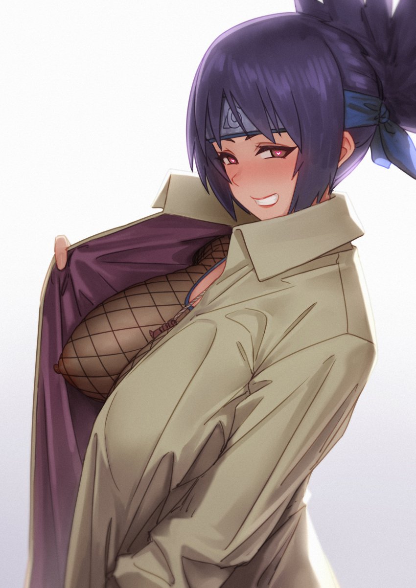 1girls black_hair bodysuit breast_slip breasts brown_coat brown_eyes coat covered_erect_nipples female fishnet_bodysuit fishnets flashing forehead_protector heart heart-shaped_pupils highres huge_breasts jewelry konohagakure_symbol mitarashi_anko naruto naruto_(series) necklace no_bra open_clothes open_coat qingmingtongzi smile solo symbol-shaped_pupils trench_coat upper_body voluptuous