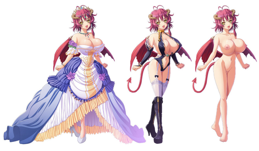 big_breasts breasts censored cleavage cute_fang demon_girl demon_horns demon_tail demon_wings dress erect_nipples fangs garter_straps high_heel_boots high_heels horns huge_breasts kyonyuu_fantasy kyonyuu_fantasy_gaiden monster_girl nipples nude official_art red_hair shamsiel shamsiel_shahar sideboob succubus succubus_costume succubus_horns succubus_outfit succubus_tail succubus_wings tail thighhighs waffle wings