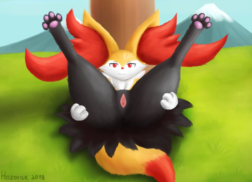 1girls 2018 anthro big_ears black_fur blue_background braixen canine clitoris day feet female female_only fox fur furry grass green_background half-closed_eyes holding hozorak leg_grab legs_up looking_at_viewer mammal mountain nature nintendo nude on_back outdoors pawpads paws pokémon_(species) pokemon pokemon_(species) pokemon_xy pussy red_eyes red_fur red_nose sky smile solo spread_legs spreading tail text thick_thighs tree video_games white_fur yellow_fur