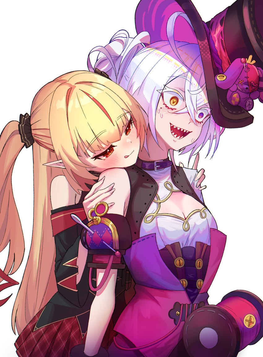 2girls anime blush elf elf_ears flustered idol idol-en idol_corp idol_wildfyre krma licking_lips riki_poppet ruby_runeheart sharp_teeth tophat virtual_youtuber vtuber vtuberfanart waifu wildfyre yuri