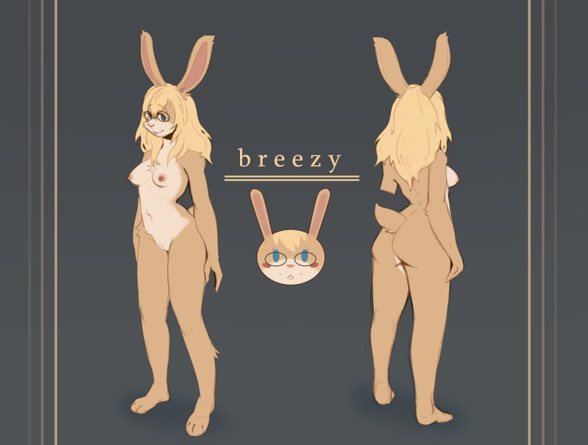 anthro ass blonde_hair blue_eyes breasts breezie_(breezybrie) buckteeth eyewear female fur genitals glasses hair hi_res lagomorph leporid mammal model_sheet multicolored_body navel nipples pompsadoodle pussy rabbit scut_tail short_tail solo tagme tail tan_body tan_fur teeth two_tone_body