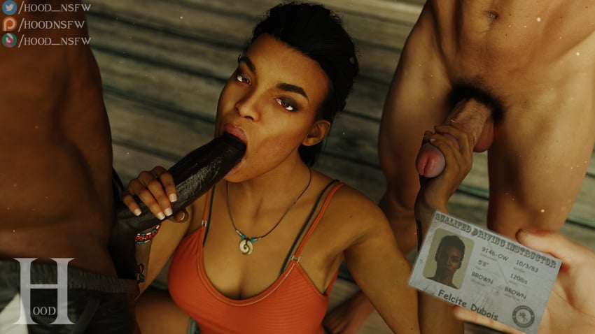 1girls 2boys blowjob dark-skinned_female dark-skinned_male felicite_dubois handjob man_of_medan sfm_hood the_dark_pictures_anthology white_skinned_male