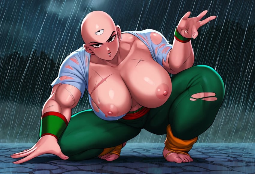 3_eyes ai_generated bald big_breasts civitai dragon_ball dragon_ball_z exposed_breasts forehead_eye genderswap_(mtf) multi_eye rain rule_63 tagme tenshinhan tien_shinhan wet wet_clothes