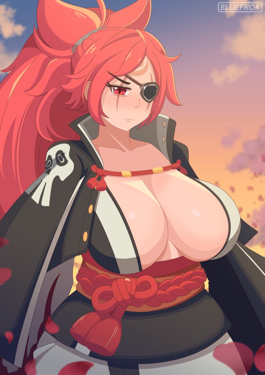 baiken big_breasts bluefrok breasts cleavage dress eyepatch female female_only guilty_gear light_skin long_hair red_eyes red_hair tagme