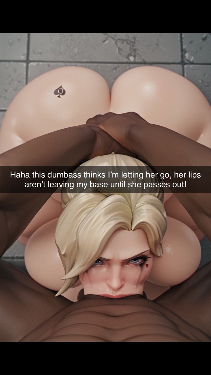 1boy1girl ai_generated angry_face balls_deep big_ass civitai curvy dark_skin deepthroat fat_ass holding_head interracial mercy overwatch qos qos_tattoo queen_of_spades snapchat tagme text thick