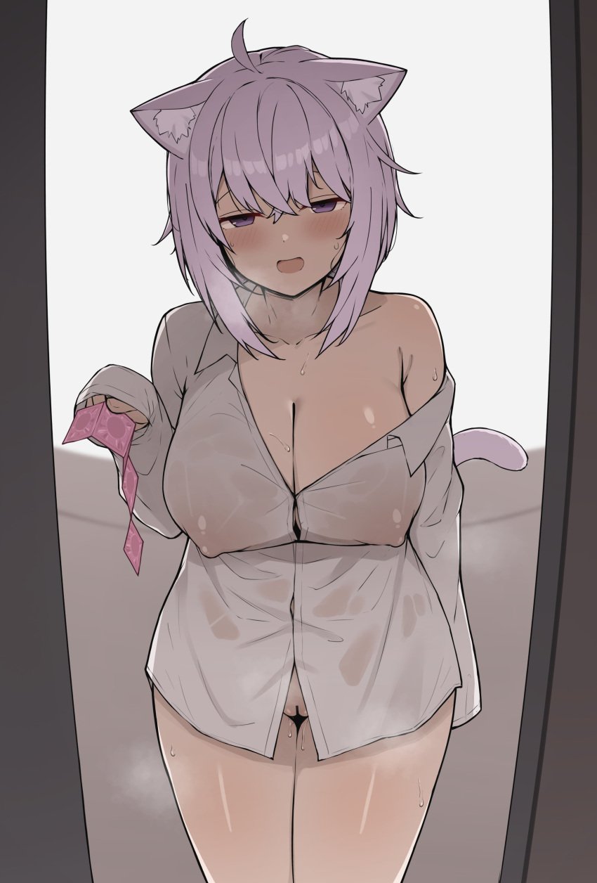 1girls animal_ears blush breasts cat_ears cat_tail catgirl condom_packet_strip condom_wrapper condoms female female_only hololive hololive_gamers hololive_japan huge_breasts imminent_sex light-skinned_female light_skin nekomata_okayu nipple_bulge open_mouth purple_eyes purple_hair pussy sheryama solo sweat tail unopened_condom_wrapper virtual_youtuber