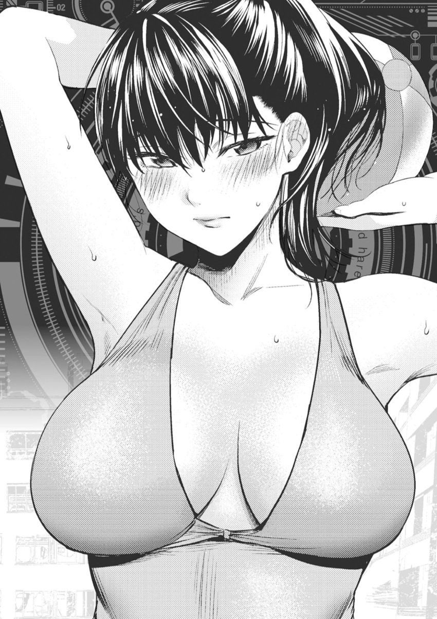 arm_up armpit asian big_breasts black_hair blush bra huge_breasts long_hair looking_at_viewer manga manga_page official_art ponytail shuumatsu_no_harem teenager tied_hair toudou_akira_(shuumatsu_no_harem) voluptuous