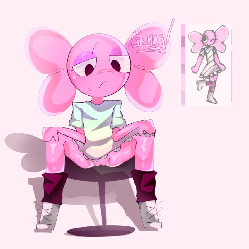 1female artist_signature blush chair dandy's_world dandys_world detailed_shading female girls_only liamai oc original_character pink_skin pink_socks pussy reference reference_image roblox roblox_game simple_background sitting sitting_on_chair solo solo_female solo_focus spread_legs vagina watermark white_shoes