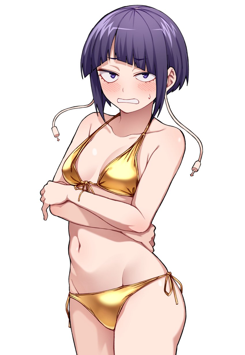 ass_visible_from_the_front audio_jack bare_arms bare_belly bare_legs bare_shoulders bare_thighs belly_button bikini blush breasts cleavage collarbone embarrassed golden_bikini groin kobaji kyoka_jiro my_hero_academia parted_lips purple_eyes purple_hair shiny_skin short_hair side-tie_bikini_bottom small_breasts sweatdrop thighs