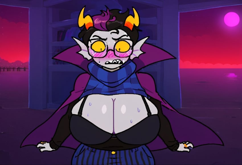 1girls ai_generated big_breasts black_bra black_hair blush bra civitai eridan_ampora genderswap_(mtf) homestuck homestuck_troll purple_hair rule_63 solo surprised tagme troll