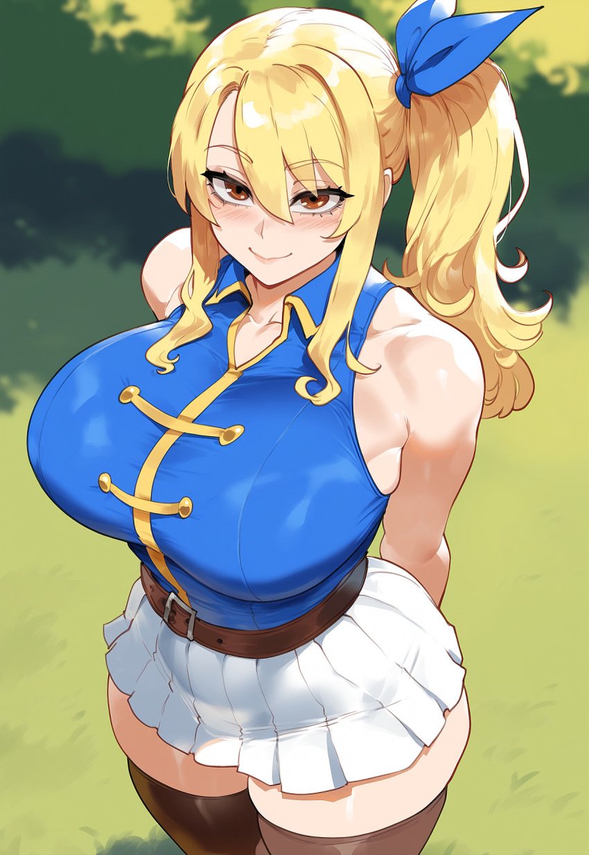 ai_generated armpits blonde_hair blush breasts brown_eyes dark-skinned_male fairy_tail female huge_breasts juuicyai lucy_heartfilia massive_ass massive_breasts sweat thicc_thighs