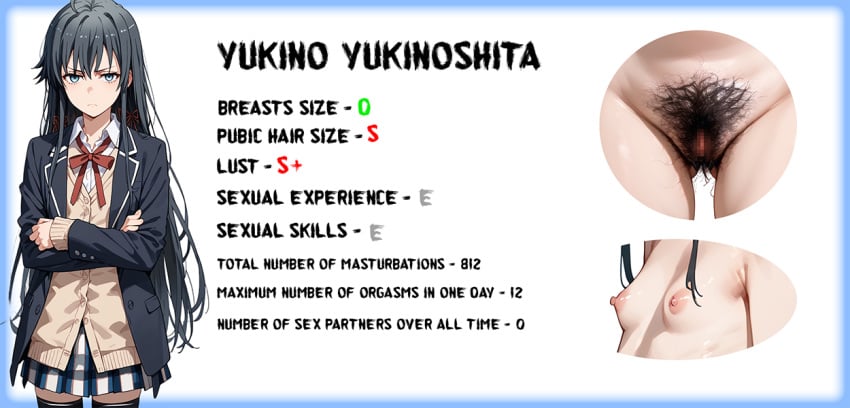 1girls ai_generated black_hair blue_eyes breasts closed_mouth clothed long_hair looking_at_viewer my_teen_romantic_comedy_snafu nipples nude nude_female phantom-art pubic_hair pussy school_uniform schoolgirl small_breasts solo standing stats yukinoshita_yukino