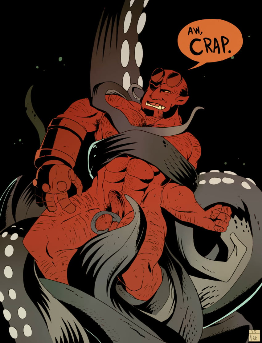 balls bara body_hair boner captain_nikko demon erection facial_hair hellboy hellboy_(series) male male_only muscles muscular nude penis sideburns solo solo_male speech_bubble tentacle tentacle_on_male