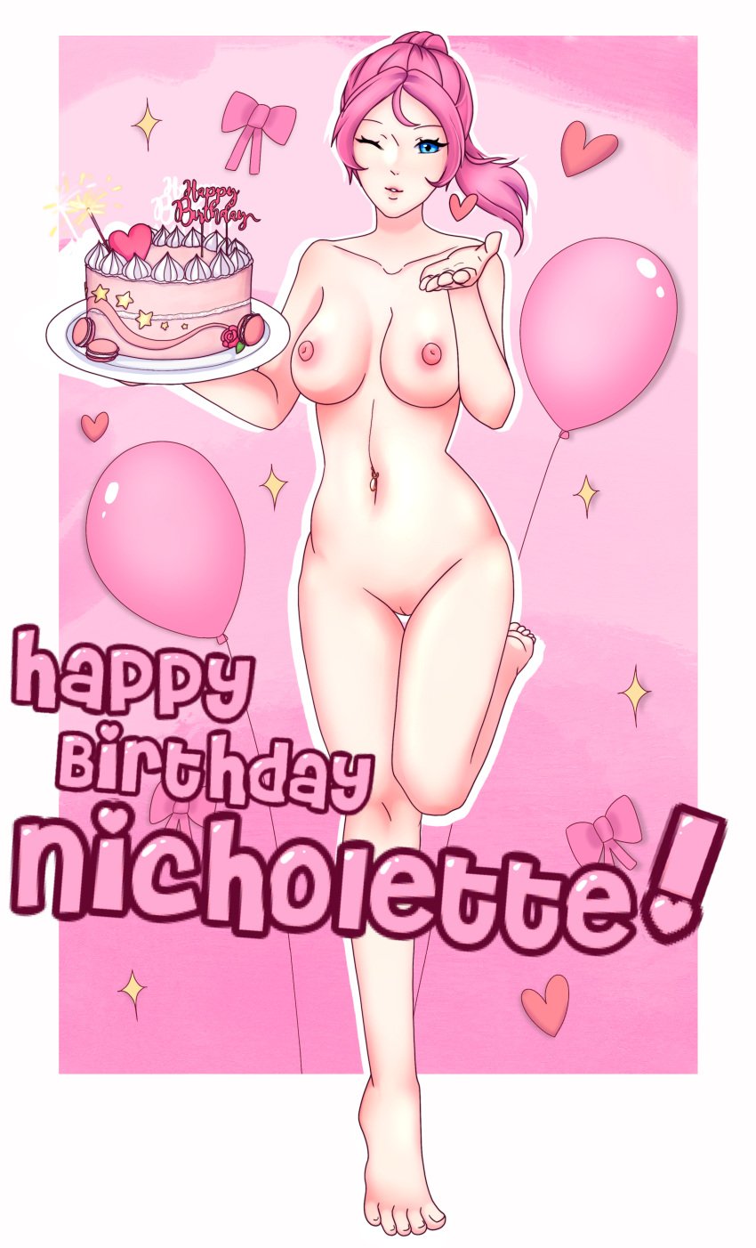 1girls balloon barefoot birthday birthday_cake blowing_kiss blue_eyes breasts completely_nude completely_nude_female female female_only long_hair navel navel_piercing nicholette_(zamo-jus-97) nicholette_jeune_zavala nipples nude nude_female nudist pink_hair ponytail pussy solo voicexofxviolence wink zamo-jus-97