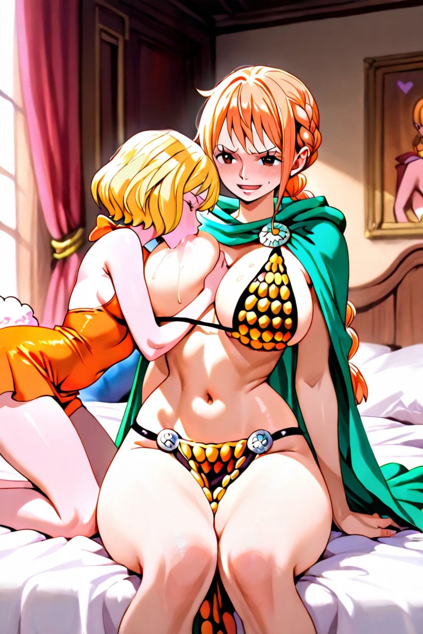 2025 2girls 2women ai_generated blonde_hair breast_grab breast_size_difference breast_sucking carrot_(one_piece) clothing curvy_body female female/female female_only huge_breasts humanized le_style_anon lesbian lesbian_focus looking_at_viewer minkmen_(one_piece) naughty_face one_breast_out one_piece rebecca_(one_piece) sexual_tension small_breasts sucking_huge_breast thick_thighs thin_female tit_sucking woman_sucking_breast young_woman yuri