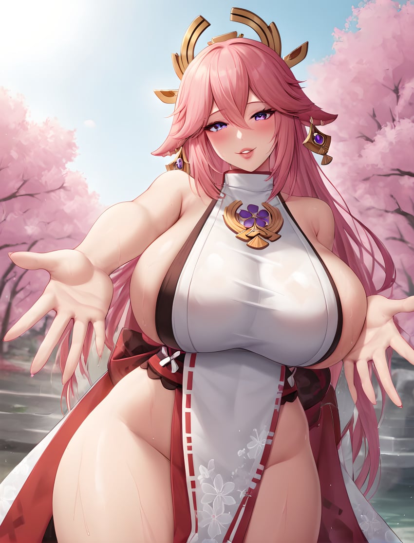 ai_generated bare_arms bare_legs bare_shoulders big_ass big_breasts big_butt blue_sky blush breasts_bigger_than_head covered_breasts dress earrings female female_focus female_only fox_ears fox_girl genshin_impact hair_between_eyes hair_ornament hip_bones inviting inviting_to_hug japanese_clothes japanese_clothing jewelry kimono light-skinned_female light_skin long_hair loving loving_gaze loving_look makeup motherly outdoors outstretched_arms pink_eyes pink_hair purple_eyes sideboob sky slim_waist thick_legs thick_thighs white_dress white_kimono wide_hips yae_miko