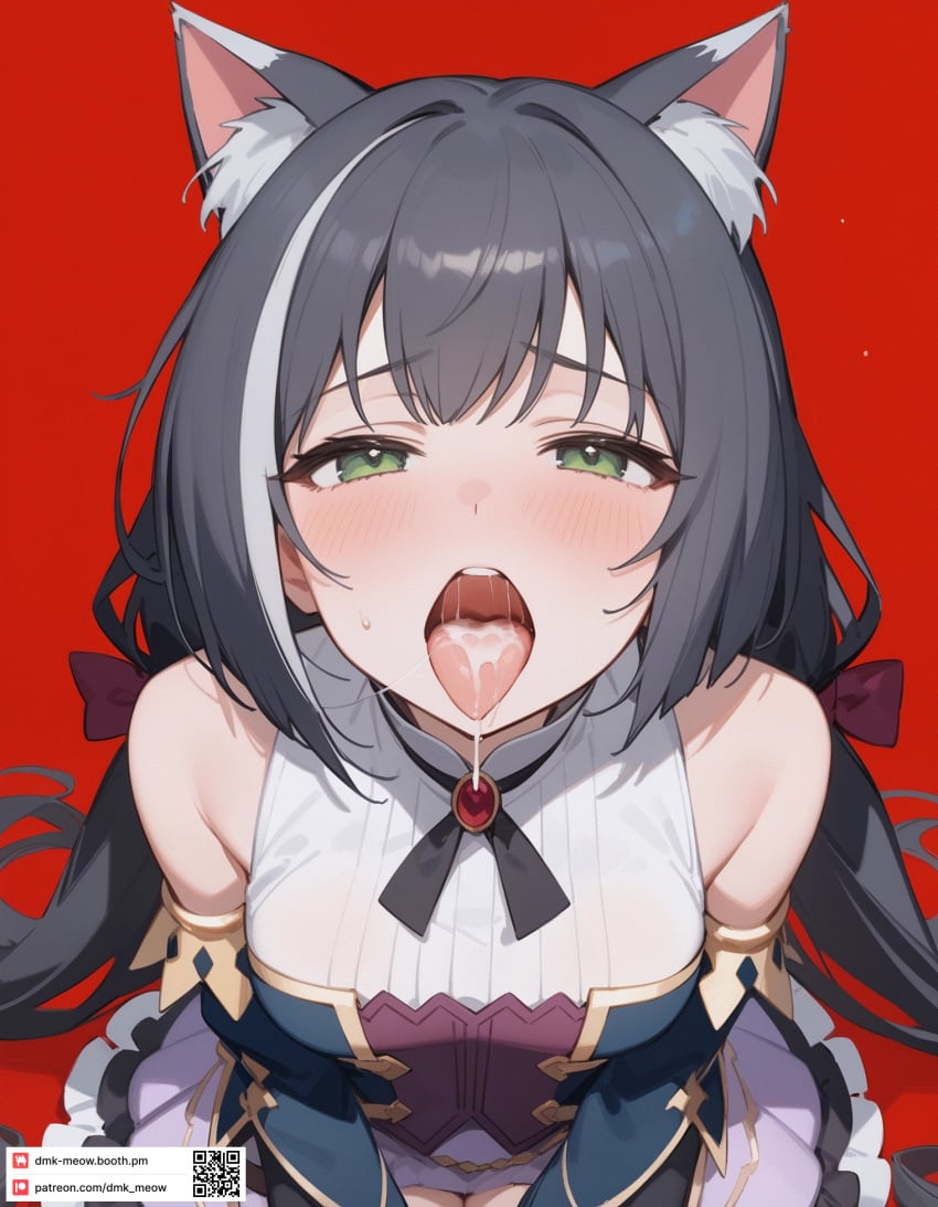 ai_generated animal_ear_fluff animal_ears atelier_(series) atelier_ryza bare_shoulders black_hair blush bow breasts cat_ears cat_girl cum cum_in_mouth cum_on_tongue detached_sleeves dmk_meow dress female green_eyes hairbow karyl_(princess_connect!) long_hair looking_at_viewer low_twintails medium_breasts multicolored_hair open_mouth oral_invitation red_background saliva simple_background sleeveless solo streaked_hair tongue tongue_out twintails uvula very_long_hair white_hair