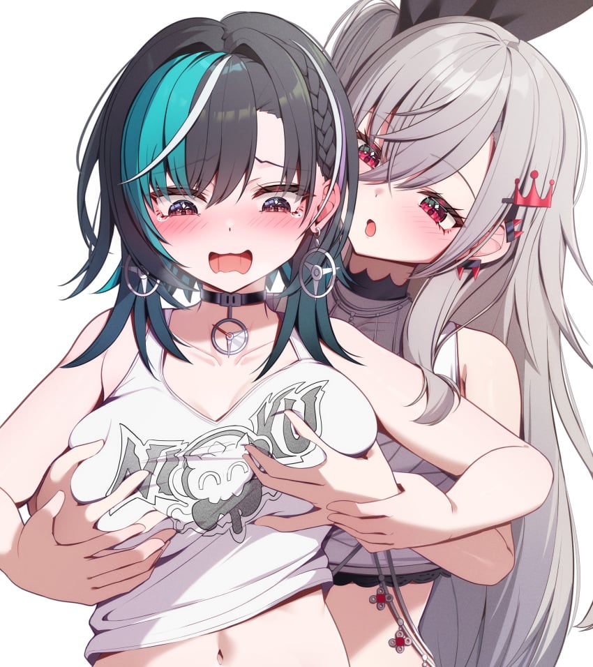 2girls akuame_(ring3922) aqua_streaks asymmetrical_bangs black_choker black_hair braid braided_bangs choker crossed_arms earrings flowglow grabbing_another's_breast grabbing_from_behind grey_hair groping hair_ornament hairpin highres hololive hololive_dev_is isaki_riona jewelry lesbian long_hair medium_hair multiple_girls print_shirt rabbit_bow rindo_chihaya shirt side_ponytail spiked_ear_piercing tank_top virtual_youtuber white_streaks white_tank_top