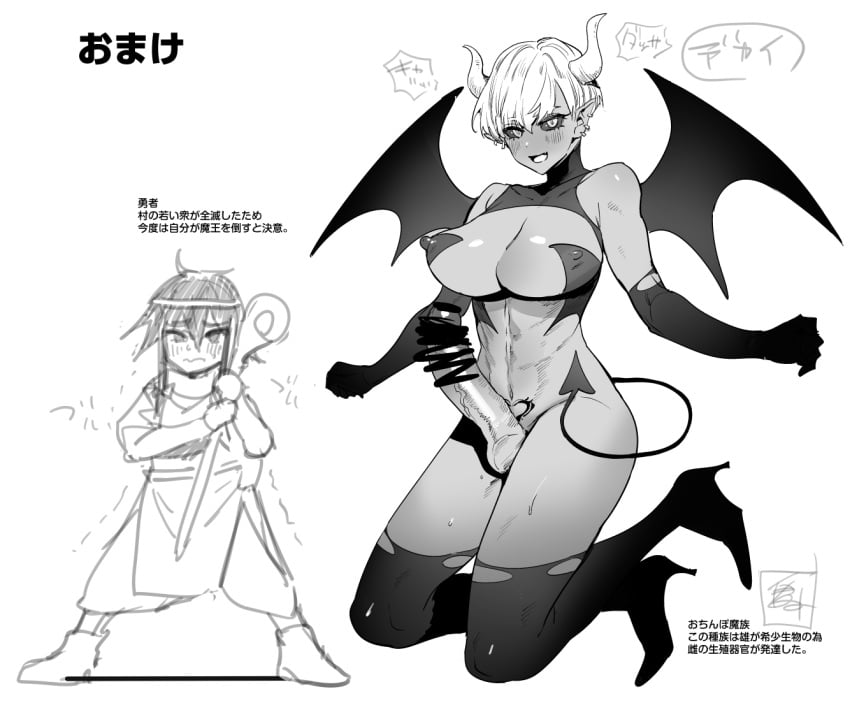 1bos abs big_breasts blush boots breasts censored commission covered_nipples dark-skinned_female dark_skin demon_horns demon_tail demon_wing ear_piercing elbow_gloves futanari gloves greyscale horns itami_(maemukina_do) large_breasts large_penis monochrome original penis piercing pixiv_commission pubic_tattoo short_hair tail tattoo text thigh_boots