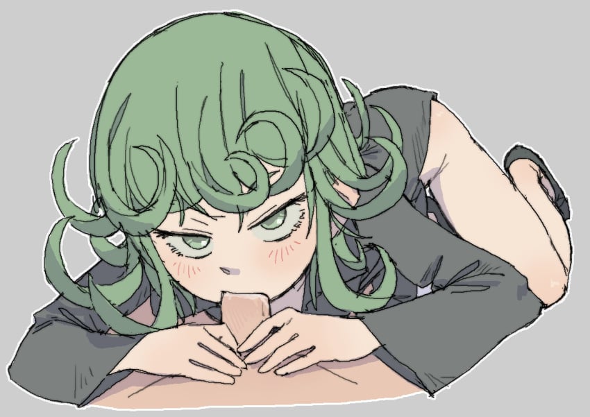 1boy 1girls black_dress black_footwear clothed_female_nude_male curly_hair dress fellatio female green_eyes green_hair highres male nude one-punch_man oral pantsu_ripper penis pov shoes tatsumaki