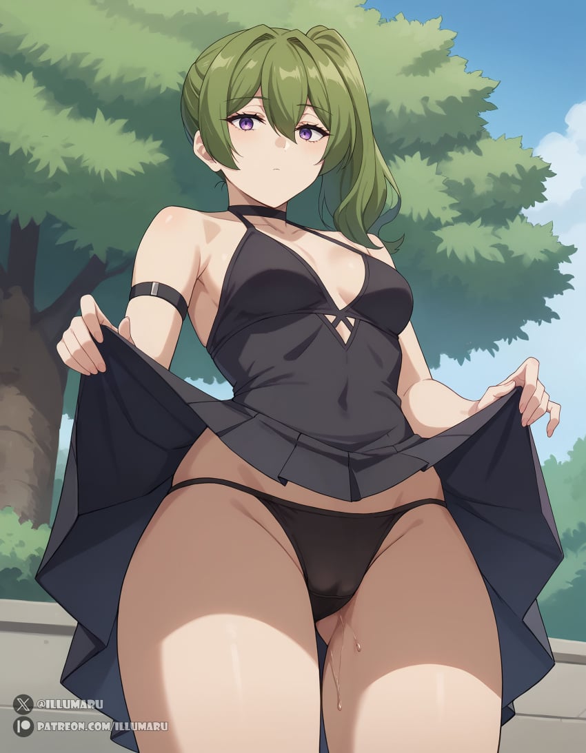 2024 ai_generated black_dress black_panties breasts cleavage closed_mouth detailed dress female from_below green_hair hi_res highleg highres illumaru large_breasts lifting_own_clothes long_hair looking_at_viewer navel nipples outdoors panties patreon_username purple_eyes pussy side_ponytail small_breasts smile solo sousou_no_frieren stable_diffusion ubel_(sousou_no_frieren) uncensored underwear