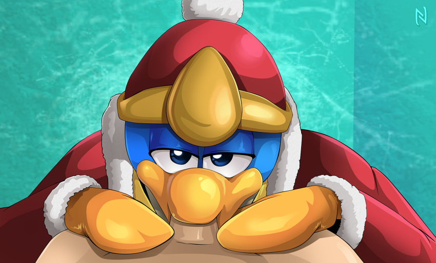 anthro avian beak beige_penis bird blue_background blue_body blue_eyes cloak clothing duo faceless_male first_person_view flippers half-closed_eyes hi_res human human_on_anthro interspecies king_dedede kirby_(series) looking_at_viewer looking_up male male_pov mammal nearphotison nintendo penguin penis red_headwear red_topwear simple_background solo_focus tan_skin video_games yaoi