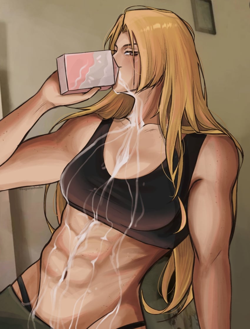 abs blonde_female blonde_hair blonde_hair bra drink drink_on_breasts drinking_milk female female_focus female_only jujutsu_kaisen muscular muscular_female spilled spilled_drink spilling spilling_drink sports_bra sugurusboobs thong yuki_tsukumo