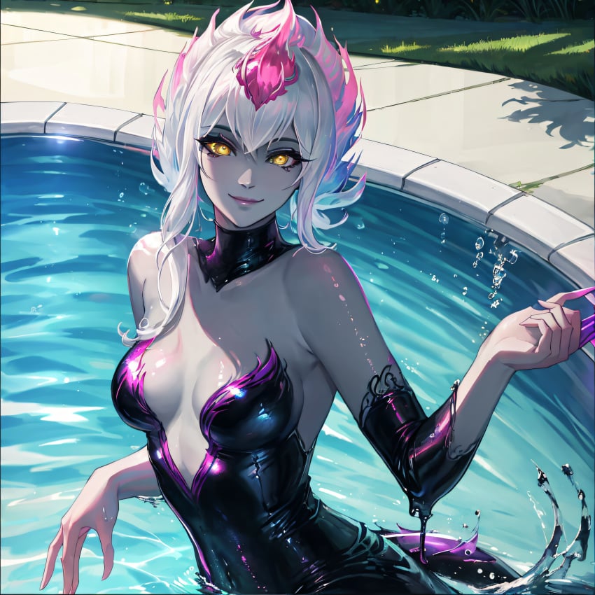 ai_generated bodysuit cute cute_face evelynn pool pool_party smile smiling succubus swimsuit swimwear white_body white_hair yellow_eyes