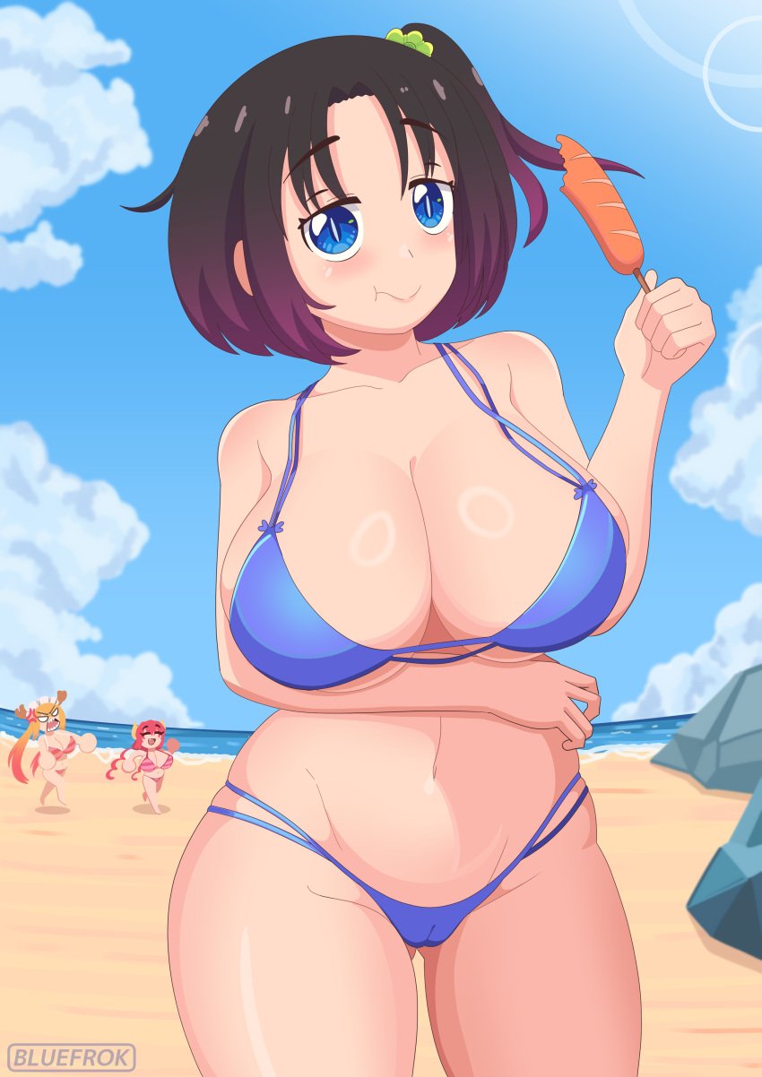 background_characters beach bikini black_hair blue_eyes bluefrok blush breasts eating elma_(dragon_maid) female female_only food ilulu_(dragon_maid) kobayashi light_skin miss_kobayashi&#039;s_dragon_maid multicolored_hair tagme