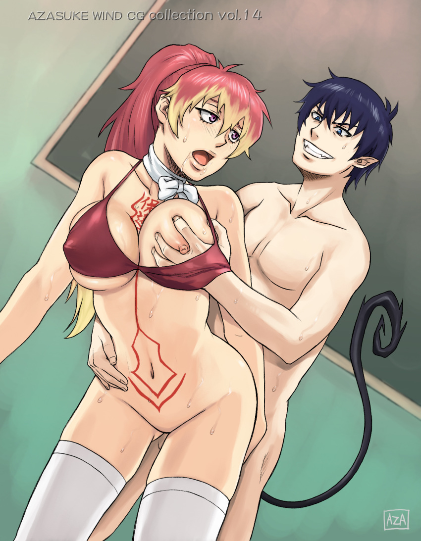 ao_no_exorcist azasuke bikini bikini_top blue_eyes blue_hair blush breast_grab breasts clenched_teeth erect_nipples female from_behind highres kirigakure_shura large_breasts long_hair multicolored_hair navel no_panties open_mouth ponytail purple_eyes saliva scarf sex short_hair smile socks sweat swimsuit tail tattoo thighhighs tied_hair