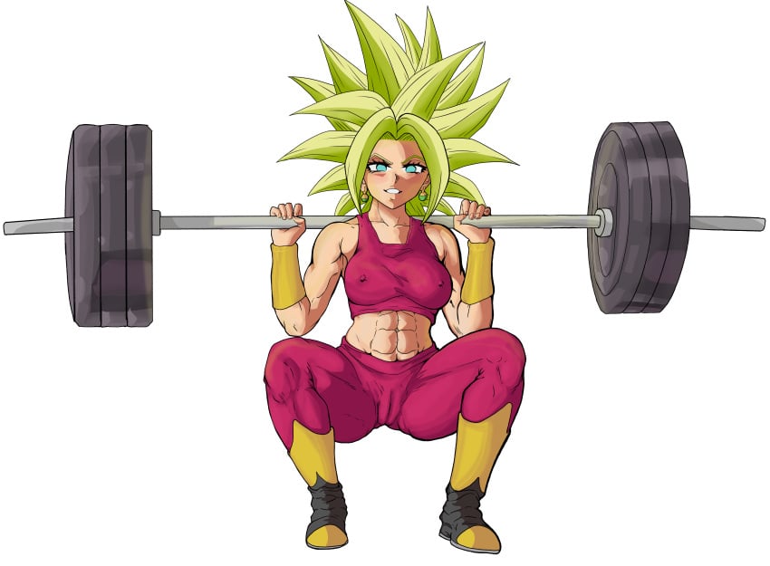 1girls abs blue_eyes blush breasts camel_toe cameltoe caulifla clothed dragon_ball dragon_ball_super female female_only fusion kale kefla looking_at_viewer muscular muscular_female nextiris pants potara_earrings potara_fusion smile smiling spiky_hair squatting super_saiyan training weightlifting weights yellow_hair