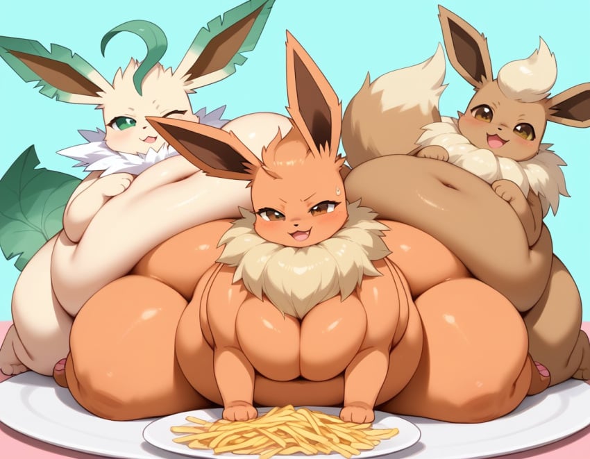 ai_generated eevee eeveelution fat flareon leafeon obese trio