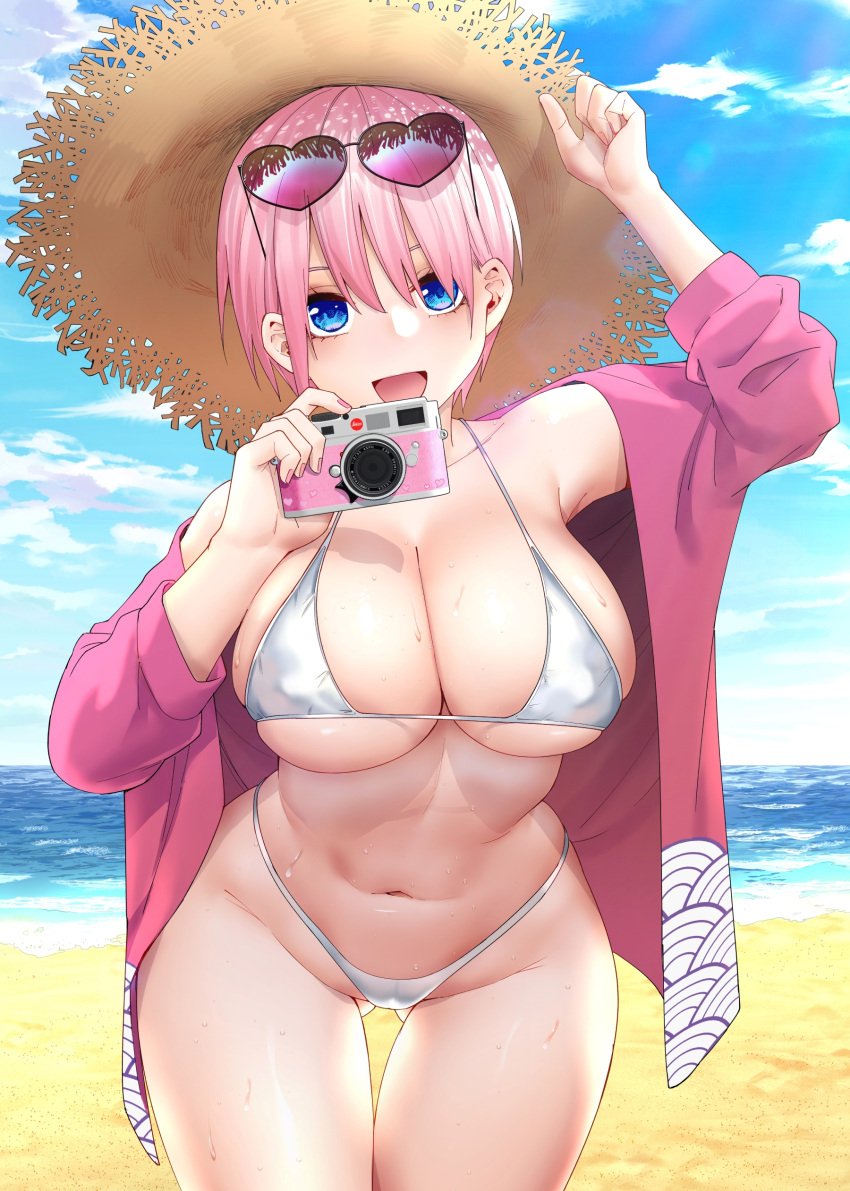 ass_visible_through_thighs bare_belly bare_legs bare_shoulders bare_thighs beach belly_button bikini blue_eyes blush breasts cameltoe camera cleavage collarbone go-toubun_no_hanayome groin hat holding_camera huge_breasts kosmos_beta long_sleeves micro_bikini nail_polish nakano_ichika open_mouth open_shirt outdoors pink_hair pink_nails shiny_skin short_hair sideboob smile straw_hat sunglasses_on_head thighs underboob water wet_body white_bikini