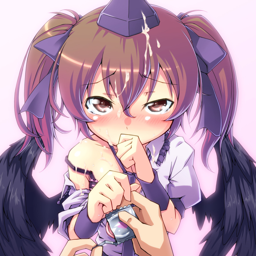 blush bra brown_eyes brown_hair bust condom condom_wrapper covering_mouth cum cum_on_hair dress_shirt facial hair_ribbon hand_over_own_mouth hat hatate_himekaidou highres lingerie off_shoulder red_(artist) ribbon shirt solo strap_slip tear tied_hair tokin_hat touhou twintails underwear wings