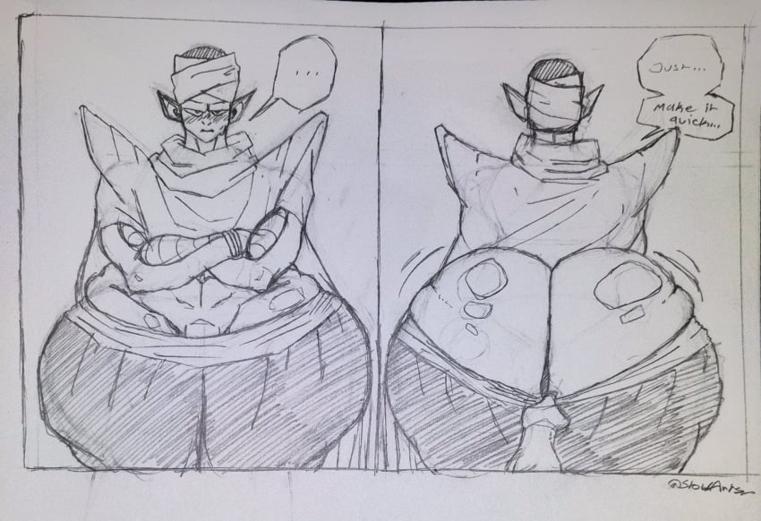 1boy 1male arms_crossed ass ass_cleavage ass_focus ass_shake big_butt blush cape dragon_ball embarrassed femboy huge_ass male male_only more_at_source muscular muscular_male namekian panels piccolo pulling pulling_down_pants rear_view scarf signature slowarts sweatdrop tagme text traditional_media_(artwork)