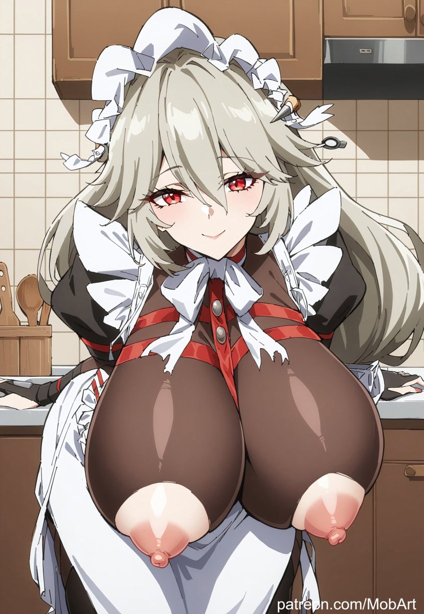 1girls ai_generated alexandrina_sebastiane areola big_breasts erect_nipples hanging_breasts huge_breasts kitchen large_breasts leaning_forward maid maid_headdress maid_uniform mobart red_eyes solo zenless_zone_zero