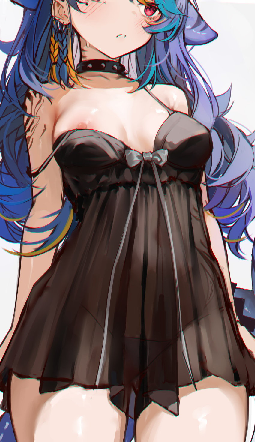 absurdres babydoll black_babydoll black_dress blue_hair braid breasts cowboy_shot dress ear_piercing female fins fish_tail frown grey_ribbon head_out_of_frame highres indie_virtual_youtuber lingerie long_hair looking_to_the_side mako_sameshima medium_breasts mole mole_under_eye multicolored_hair multiple_braids naokomama nipples piercing red_eyes see-through_clothes see-through_dress shark_tail simple_background solo standing strap_slip streaked_hair studded_choker tail underwear virtual_youtuber white_background