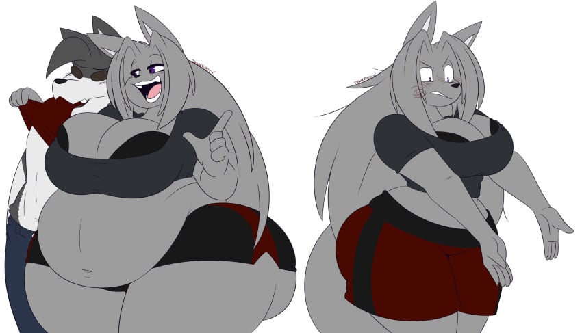 2021 5_fingers alternate_species anthro bbw big_ass big_breasts black_bra black_clothing black_underwear bottomwear bra bra_slip breasts bubble_butt canid canine canis cleavage clothed clothing curvy dewwy(dewwydartz) dewwydarts dewwydartz fat female fingers fur furry grey_body grey_clothing grey_fur grey_hair grey_topwear hair hi_res huge_ass huge_breasts huge_hips huge_thighs long_hair mammal may_(dewwydarts) may_(dewwydartz) overweight pregnant purple_eyes red_bottomwear red_clothing red_shorts shorts simple_background standing tagme thick_thighs topwear underwear white_background wide_hips wolf