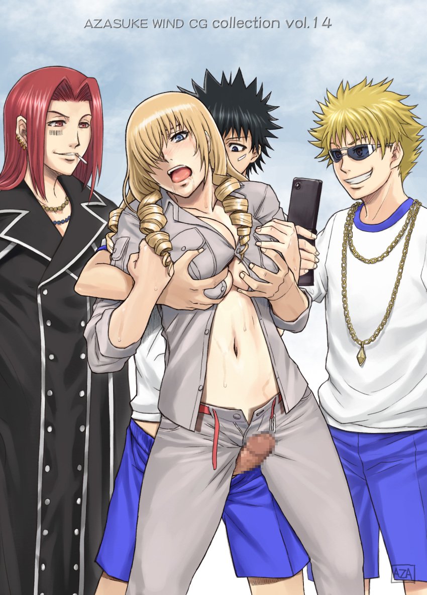 azasuke black_hair blonde_hair blue_eyes blush breast_grab breasts cellphone censored cigarette clenched_teeth drill_hair female gangbang group hair_over_one_eyes highres kamijou_touma large_breasts long_hair mosaic_censoring navel nipples no_bra open_mouth oriana_thompson outercourse penis red_eyes red_hair rubbing saliva sex short_hair smile standing stiyl_magnus sunglasses sweat thigh_sex thighs to_aru_majutsu_no_index tsuchimikado_motoharu