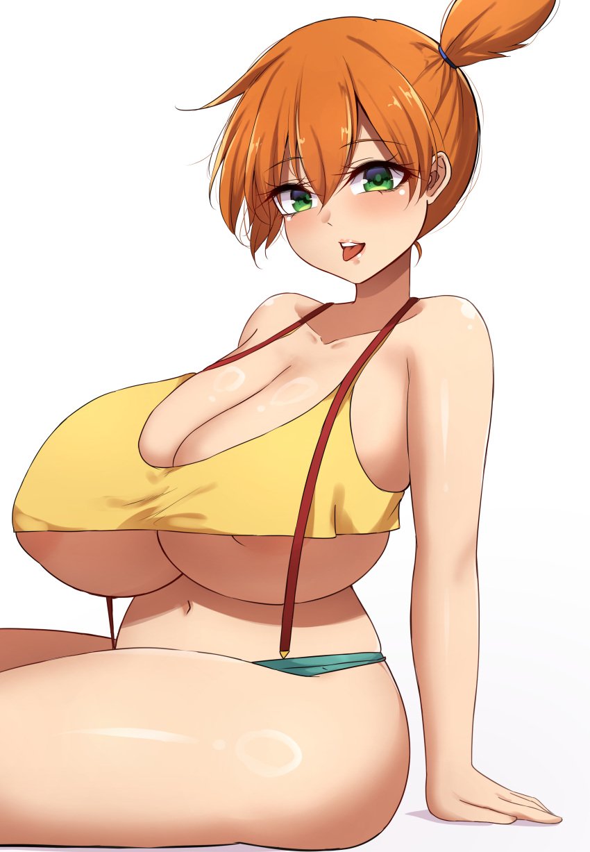 1girl absurdres areola_slip areolae asymmetrical_hair bare_shoulders big_breasts blush breasts cleavage creatures_(company) crop_top curvy denim denim_shorts feale female_focus game_freak gen_1_pokemon green_eyes gym_leader highres huge_breasts kasumi_(pokemon) large_breasts legs looking_at_viewer midriff misty_(pokemon) mistynight navel nintendo open_mouth orange_hair pokemon pokemon_(anime) pokemon_(classic_anime) pokemon_rgby ponytail shiny_skin shirt short_hair short_shorts shorts side_ponytail sitting sleeveless smile solo suspenders tank_top thick_thighs thighs tongue tongue_out underboob wardrobe_malfunction wide_hips yellow_shirt yellow_tank_top