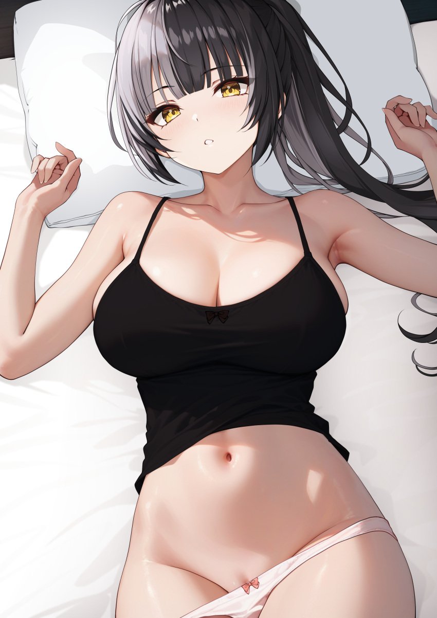 absurdres ai ai_generated armpits bare_shoulders black_camisole black_hair blush bow bow_panties breasts camisole cleavage collarbone commentary female groin highres hololive hololive_english hololive_english_-advent- large_breasts long_hair looking_at_viewer lying multicolored_hair navel on_back otokucha panties parted_lips pillow pink_bow pink_panties pussy pussy_peek shiori_novella solo split-color_hair stable_diffusion stomach thighs two-tone_hair underwear virtual_youtuber white_hair yellow_eyes