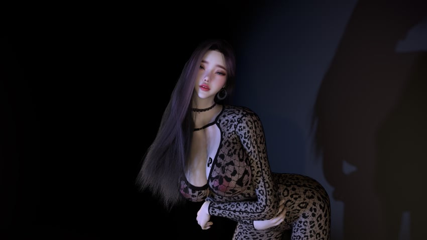 3d 3d_(artwork) aqua_eyes bodysuit choker crashbanditkut dark_hair earrings eyes hair lipstick long_hair makeup mascara medium_breasts nose_piercing pose queen_of_spades seductive seductive_look shadow smile tattoo tattoo_on_chest virt-a-mate virtamate