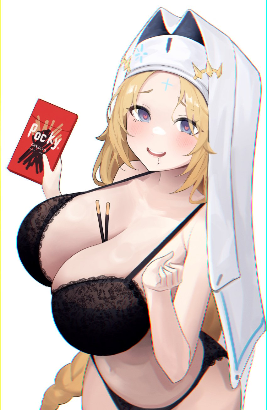 1218_haruru absurdres armpit_crease between_breasts black_bra blonde_hair blush bra breasts breasts_squeezed_together cleavage collarbone cross cross_facial_mark cross_tattoo facial_mark female food goddess_of_victory:_nikke habit heart heart-shaped_pupils highres holding holding_food holding_pocky large_breasts lingerie long_braid looking_at_viewer nun panties pocky rapunzel_(nikke) rapunzel_(pure_grace)_(nikke) saliva simple_background solo symbol-shaped_pupils tattoo underwear white_background